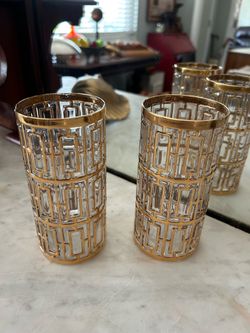 VINTAGE PAIR IMPERIAL GLASS CO. SHOJI 22K GOLD TRELLIS HIGHBALL GLASS