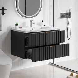 30 Inch Bathroom Vanity with Sink Combo, Floating Bathroom Vanity with 2 Fluted Drawers & Metal Handle, Modern Wall Mount Storage Cabinet with Ceramic