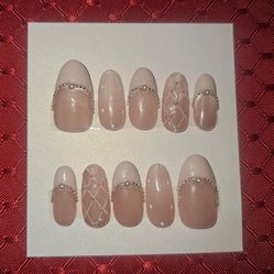 Press-On Nails | Long Oval | Beige Cateye w/ Pale Pink Accents & Pearls (#9)