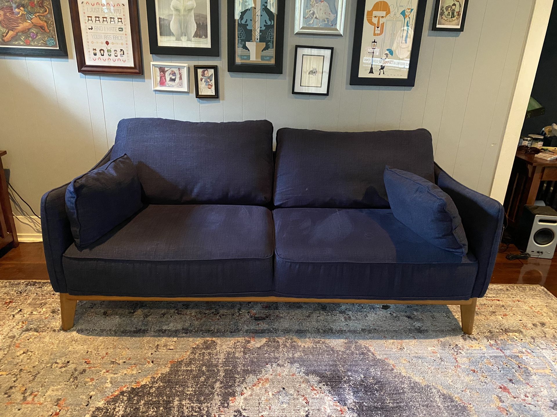 Dark blue 78” sofa mid century modern