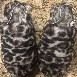 UGG Women's Fluff Yeah Slide Snow Leopard Panther Print Slipper Stormy Gray 1120903
