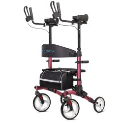ELENKER Upright Rollator Walker, Stand Up Rolling Walker, Mobility Walking Aid with 10 Front Wheels, Seat and Armrest for Seniors and Adults, Red
