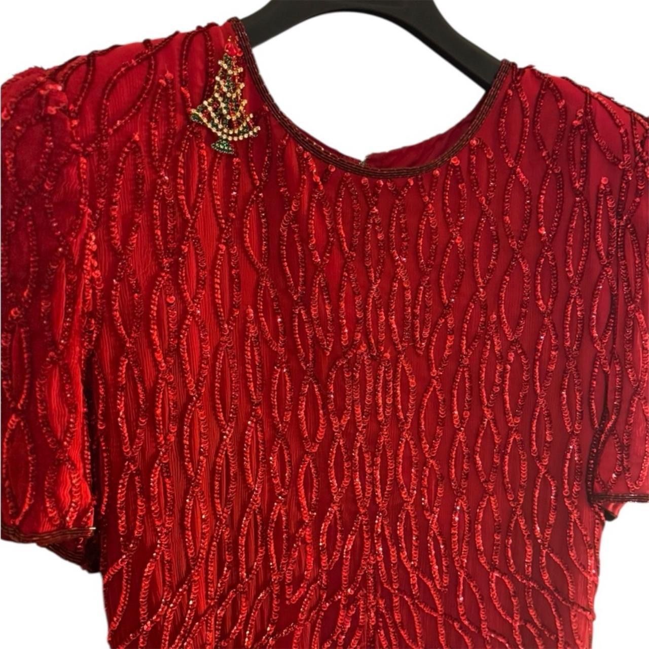 LAURENCE KAZAR 80βs Red Silk Sequins Beaded Short Sleeve Evening Gown Sz 14