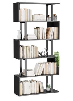 5 Tier Geometric Bookcase Wood Bookshelf