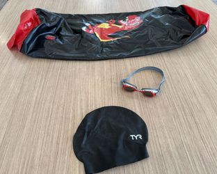 Small TYR rubber swim cap, small Speedo goggles, and inflatable swim bag