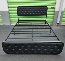 Queen metal bed frame with tufted headboard