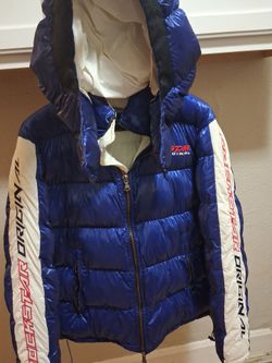 Rockstar Original Royal Blue Metallic Puffer Jacket with White Sleeves