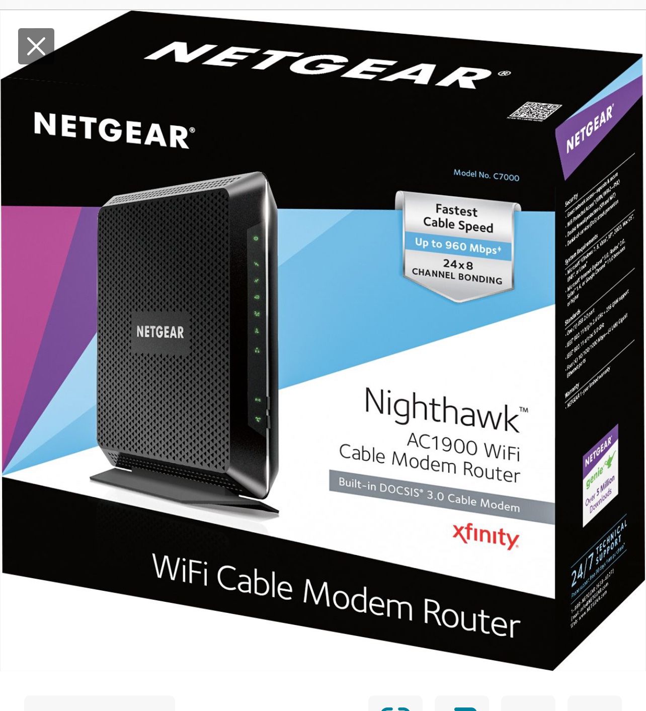 Netgear Nighthawk C7000v2-AC1900 WiFi Cable Modem Router  The Nighthawk Dual-Band AC1900 Router with 24 x 8 DOCSIS 3.0 Cable Modem delivers WiFi spee