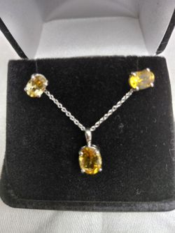 1.70CT Oval Cut Citrine in Sterling Silver Pendant With 18" Chain & 1.58CT Citrine Solitaire Earrings.