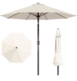 Large Auto-Tilt 9FT Patio Umbrella with 8 Sturdy Fiberglass Ribs. Creamy White