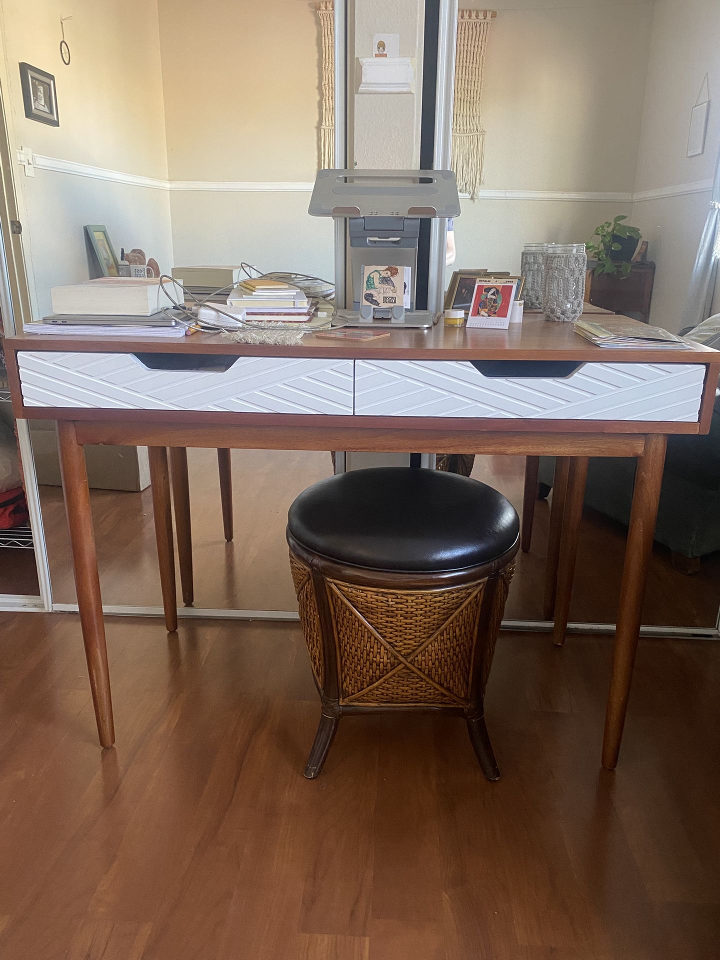 Wood MCM Desk Decorative Drawers