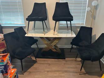 Luxury Faux Marble Dining Table Set – 6 Black Velvet Chairs – Gold Base