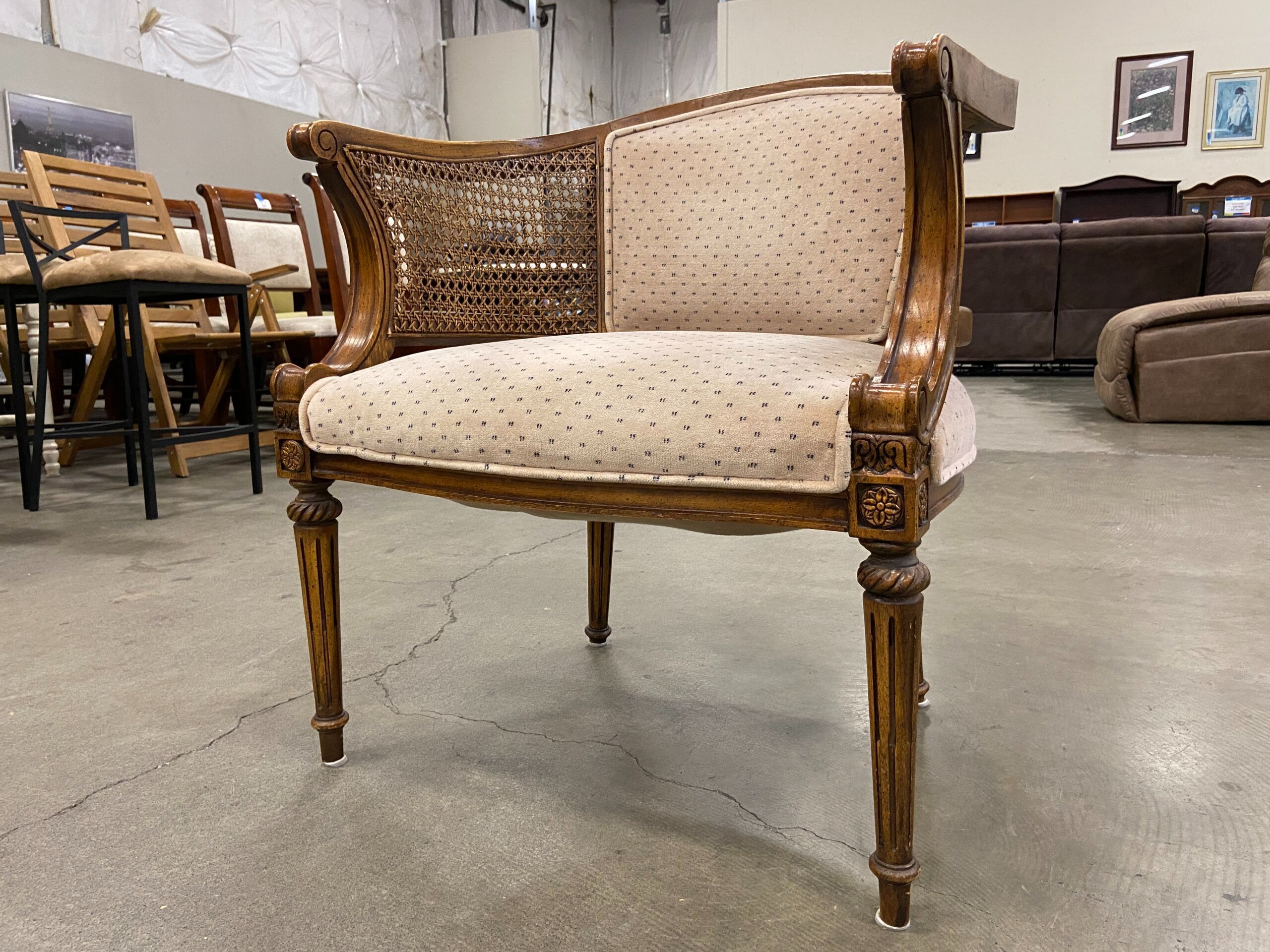 Vintage Cane and Fabric Horseshoe Style Arm Chair