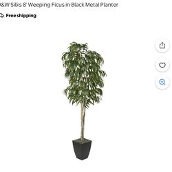 D&W Silks 8 ft Artificial Weeping Ficus Tree in Black Metal Planter