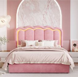 Queen Pink Velvet Upholstered Bed Frame with LED Headboard -CT003