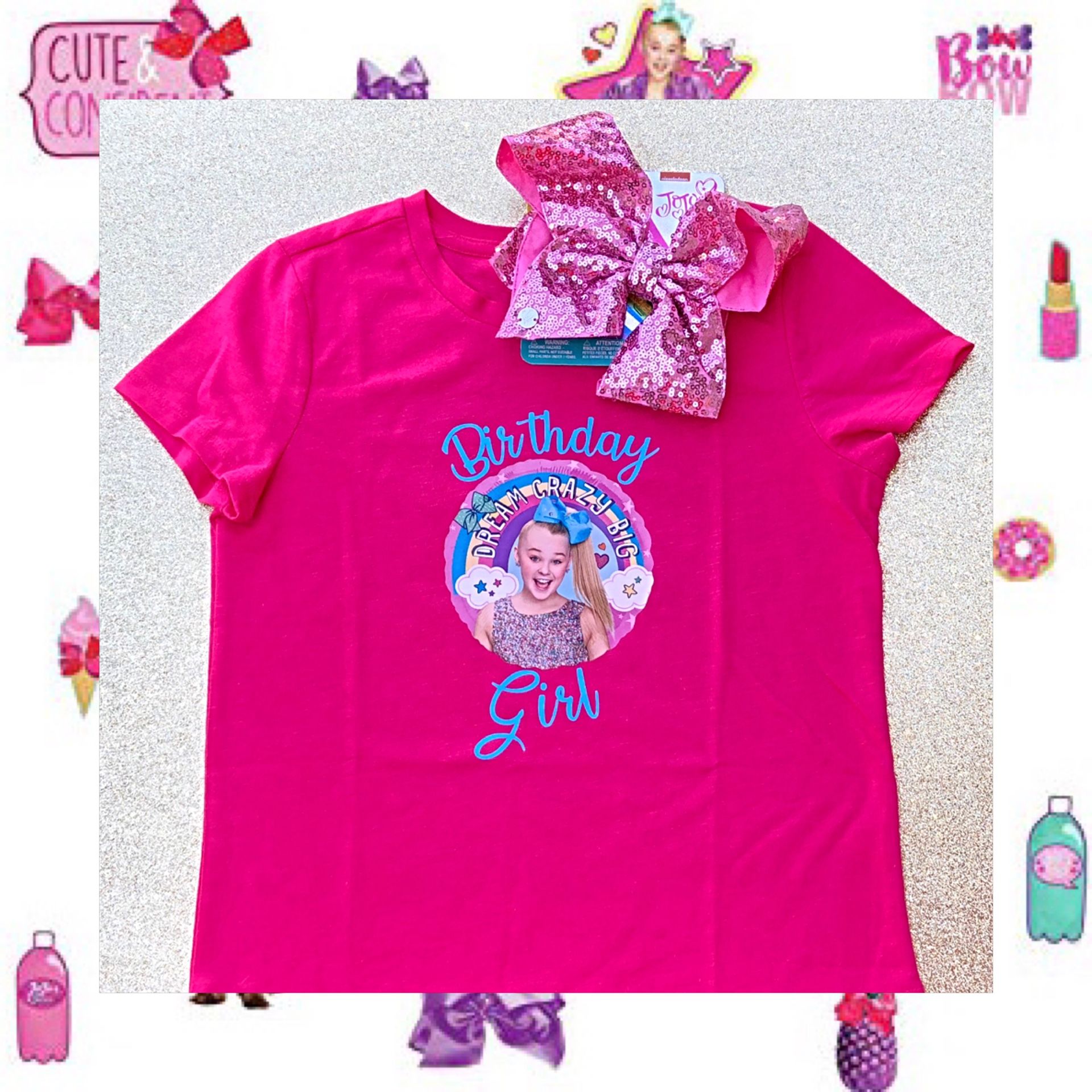 JoJo Siwa Birthday Girl Pink Shirt & Rainbow Rhinestone Bow 🌈 Size L (10/12)