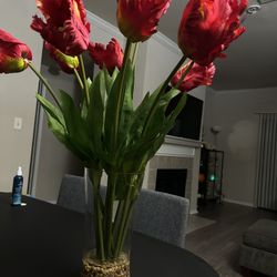 Red Flowers/ Cleer Heavy Clear Vase 30 Inc High 