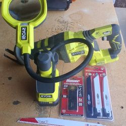 Ryobi 18V P516 Reciprocating Saw & Ryobi 18V LED Magnifying ClamLight. (1) 18v Battery, (1) 12"  Blade, (12)6" Blades,1 Precision Tooth Plunge Blade
