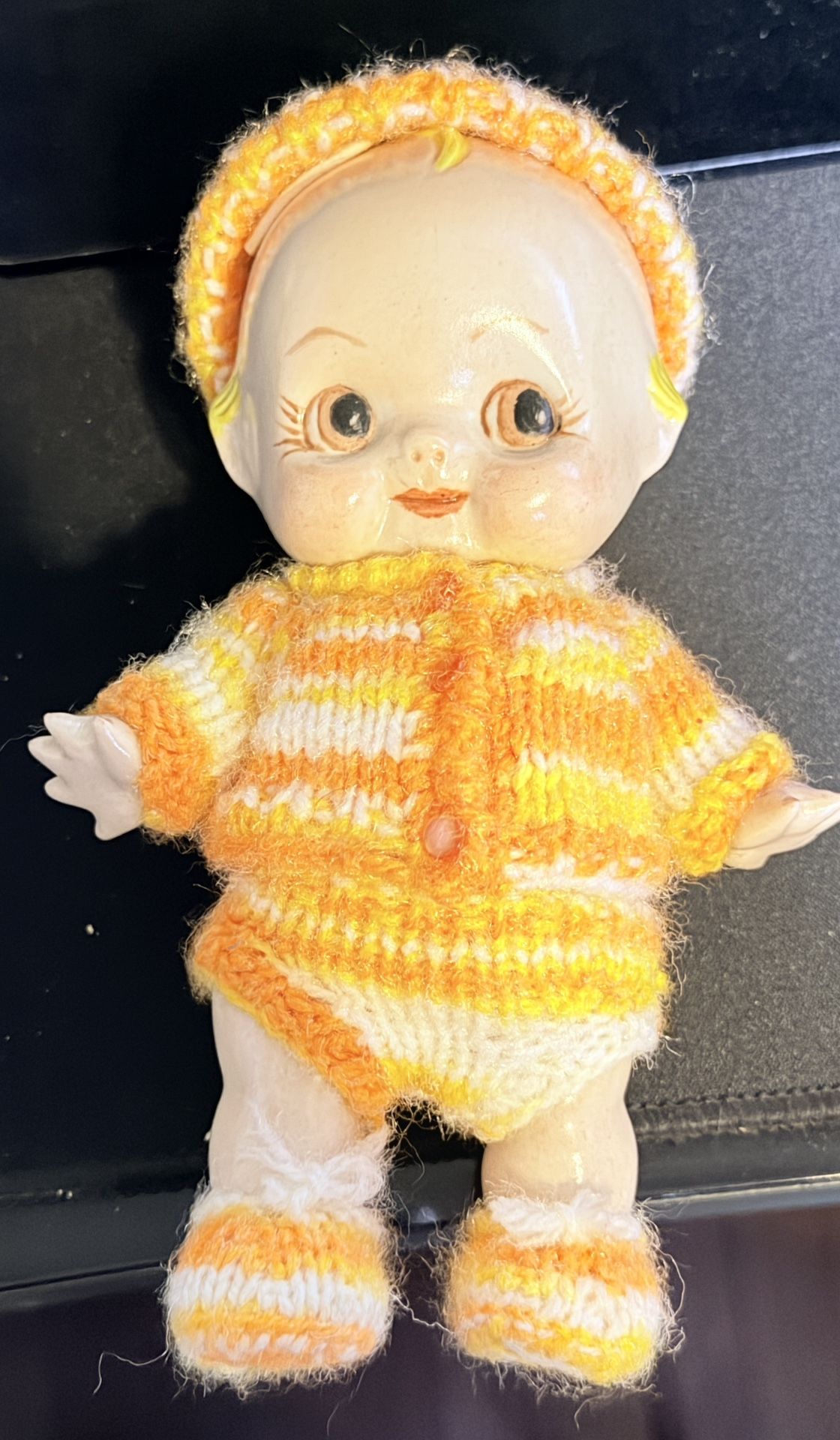 Vintage 1950s Porcelain/Bisque Jointed Baby Doll – 6” – Adorable Knit Outfit