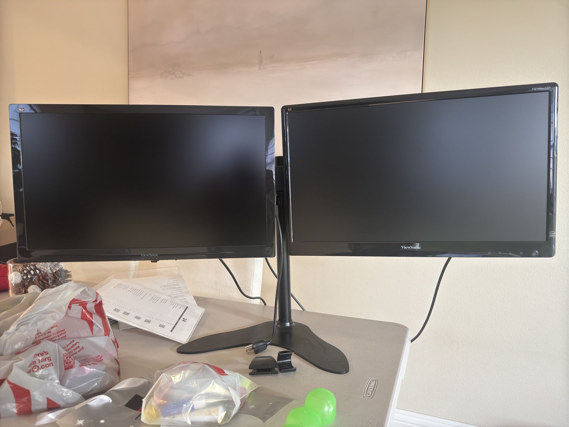 Dual Viewsonic 23” Monitors With Stand and Cables