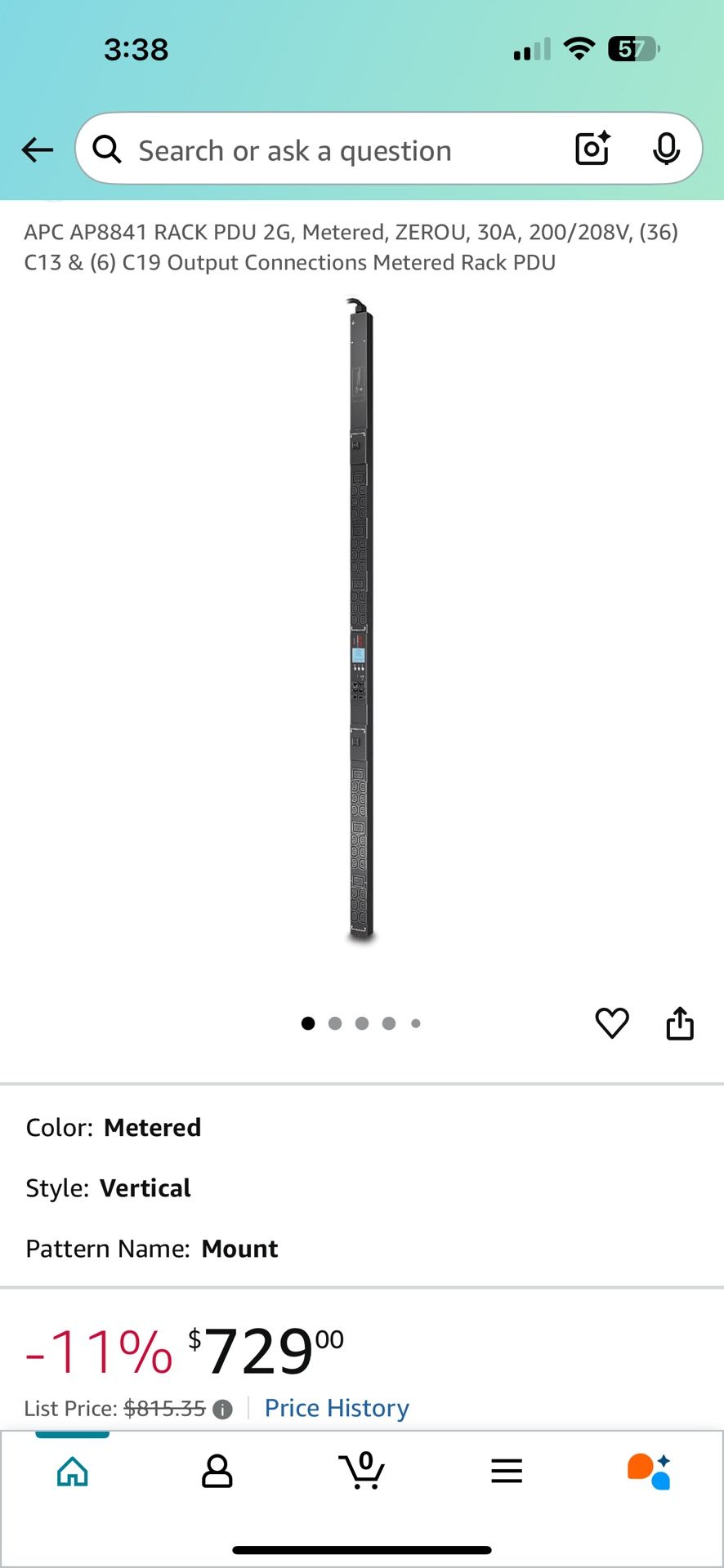 APC AP8841 RACK PDU 2G, Metered, ZEROU, 30A, 200/208V, (36) C13 & (6) C19 Output Connections Metered Rack PDU