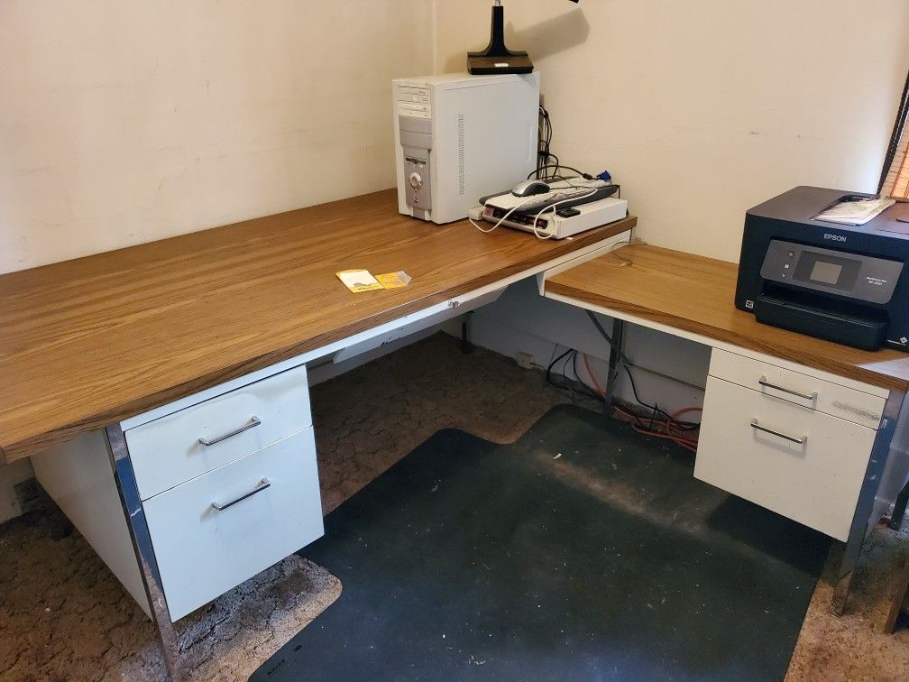Steel desk, wood top, side table and credenza.