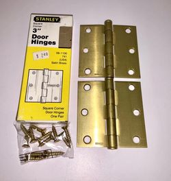 New 1 pair 3" Stanley Satin Brass Door Hinges Square Corners 08-1100. USA