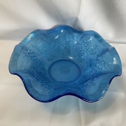 1950’s Capri Blue Glass Grapes & Ivy Ruffled Rim Bowl