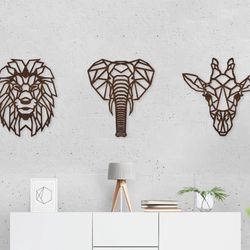 3 Pieces Safari Wood Heads of Lion, Elephant, Giraffe for Bedroom Above Bed