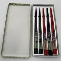 5 Pairs Geisha Girl Lacquer Red Black Chopsticks Japan Japanese Vintage 