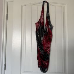 Brand New Sultry Red & Black Draped Halter Dress – Metallic Accents & Ruched Silhouette (S)