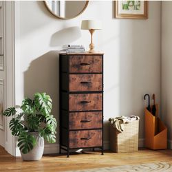 Rustic Brown Nightstand with 5 Fabric Drawers - Slim Bedside Table & Storage Tower