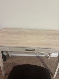 White desk with drawer, chair and turquoise nightstand