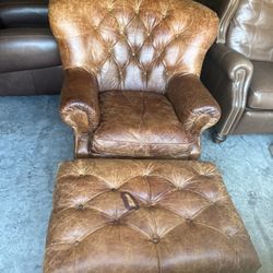 (ITS AVAILABLE) QUALITY TUFTED LEATHER WRITER'S CLUB CHAIR AND OTTOMAN