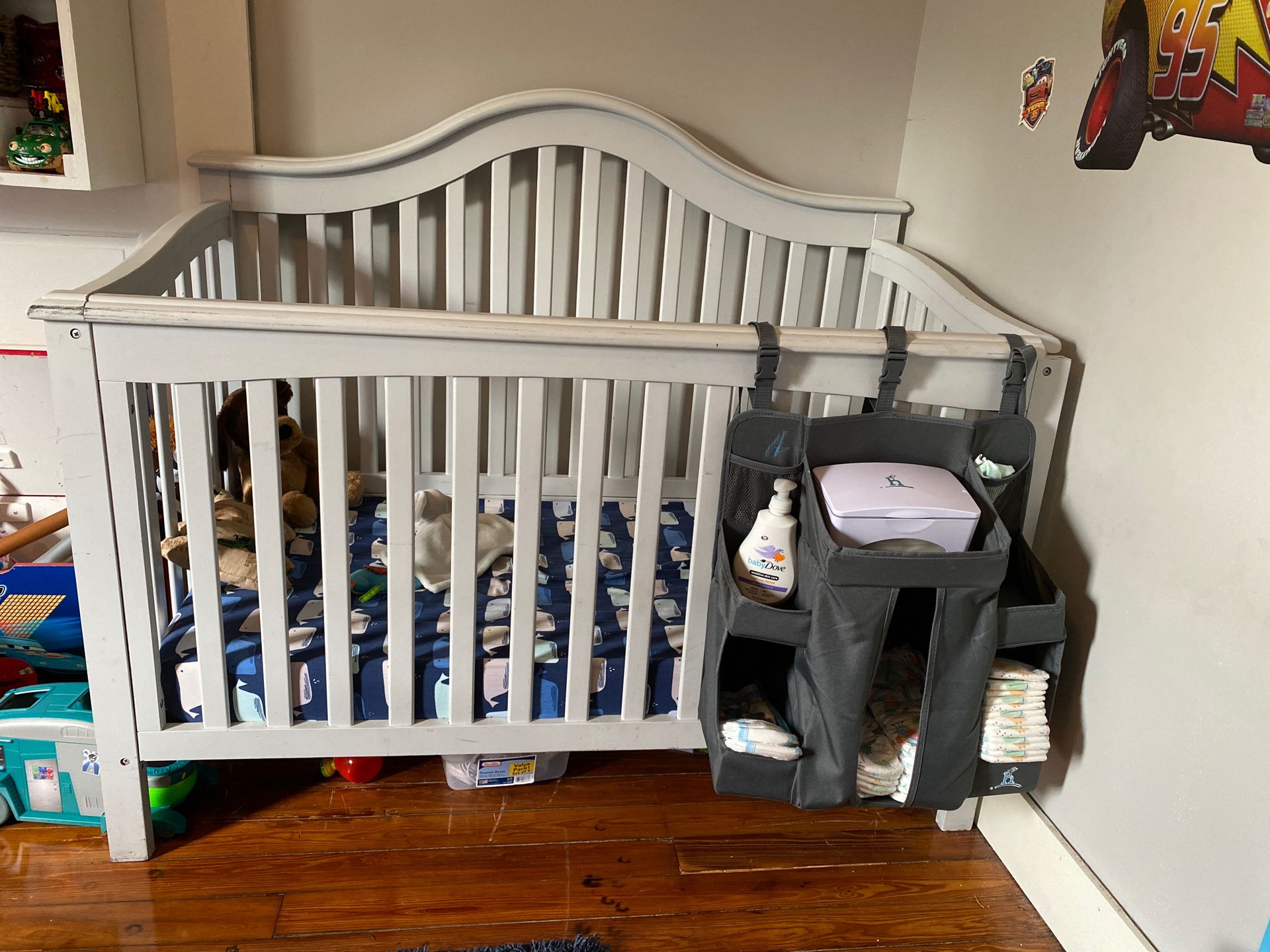 Crib , mattress, diaper organizer