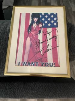 Vintage framed picture of Elvira ( The mistress of the Dark ) Autographed to Jay and signed by Elvira