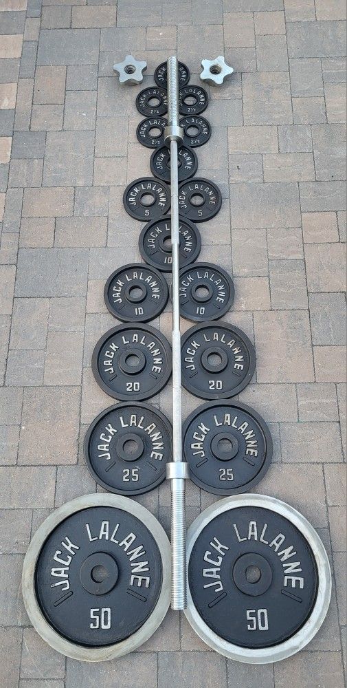 Weight Vintage Olympic Set *#247.5lbs Of Deep Dish Plates And #48lbs Bar
