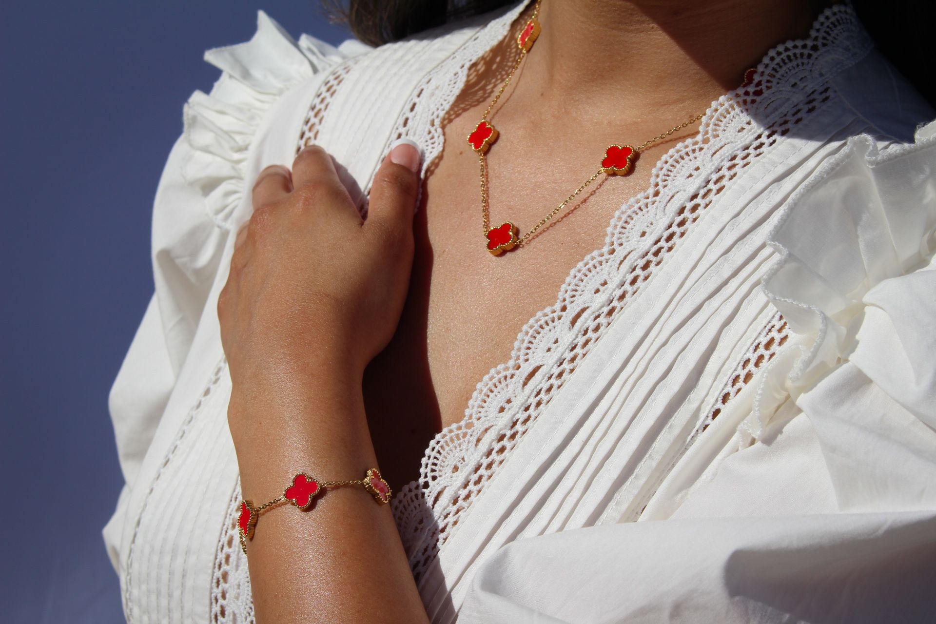 Red Van Cleef Clover Necklace And Bracelet Set