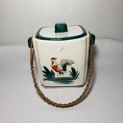 VTG Ceramic wicker handle Rooster Canister  5" H X 5" W X 5" L .  