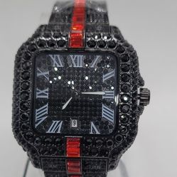 aj square black red roman numerals metal bracelet date analog wristwatch