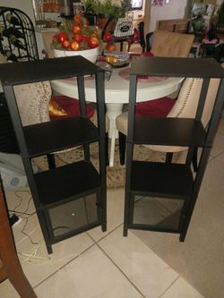 2 BEAUTIFUL BLACK WOOD SHELF STANDS GLASS DOOR ON BOTTOM 40INHT BY 15INWD ONLY 20 EACH FIRM