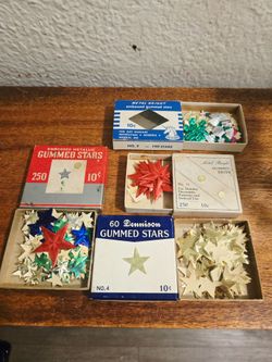 4 Mid-century Small Boxes Filled with Gummed Stars by Dennison & Metal Bright all $15