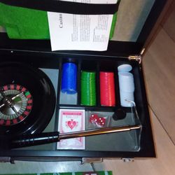 CASINO SET-Wood Boxed CRAPS ROULETTE WHEEL POKER CHIPS DICE CARDS-