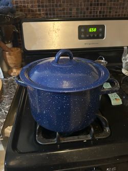 Large Blue Speckled Enamel Stock Pot w/ Lid – Like New