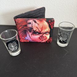 Chucky wallet and set of shot glasses $20