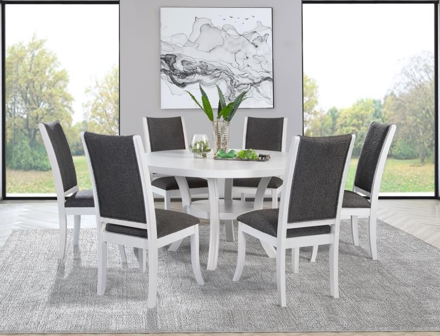 ** Round Wood Dining Table Set With 6 Chairs In Pearl White Finish** Super Sale! 