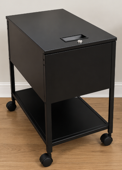 Rolling filing cabinet with shelf, black and hanging folders
