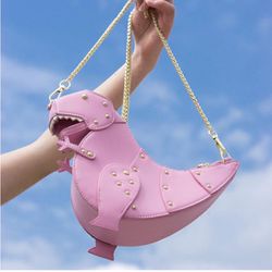 🦕Women Messenger Bags Dinosaur Shape PU Leather Rivet Chain Crossbody Shoulder Bag Girl Mini Clutch Purse (Pink)