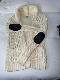 Medium Cream Cable Knit Cardigan with Elbow Patches