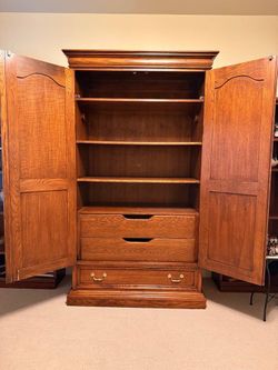 Large Solid-Oak Wardrobe Armoire with Shelves and Drawers